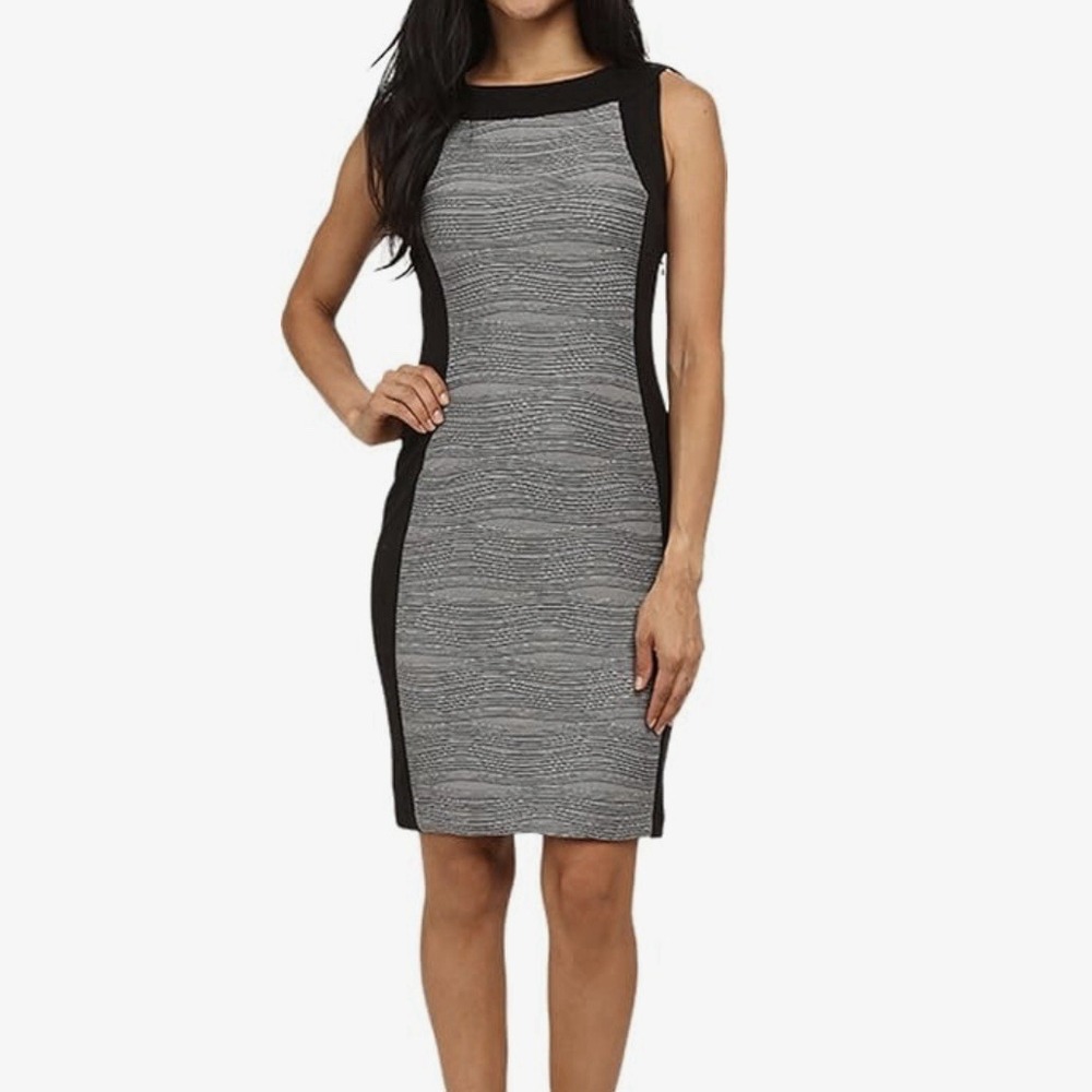 Calvin Klein Black Gray Ponte Knit Sleeveless Sheath Dress 6